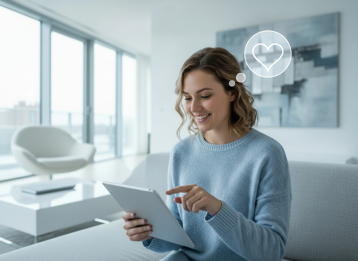 Person tapping a five-star rating on a tablet, with a glowing thought bubble showing a heart above her
